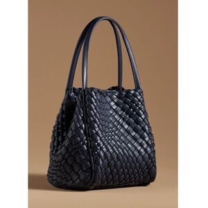 ANTHROPOLOGIE Navy Faux Leather Woven Hollace Tote Bag w Crossbody Strap & Pouch